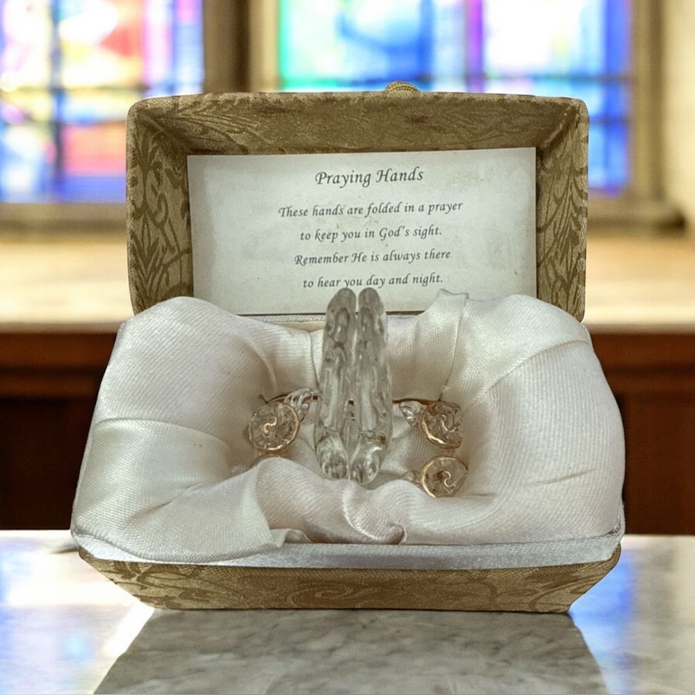 Blown Glass Praying Hands Figurine in Gift Box w/ Poem Christian Collectible